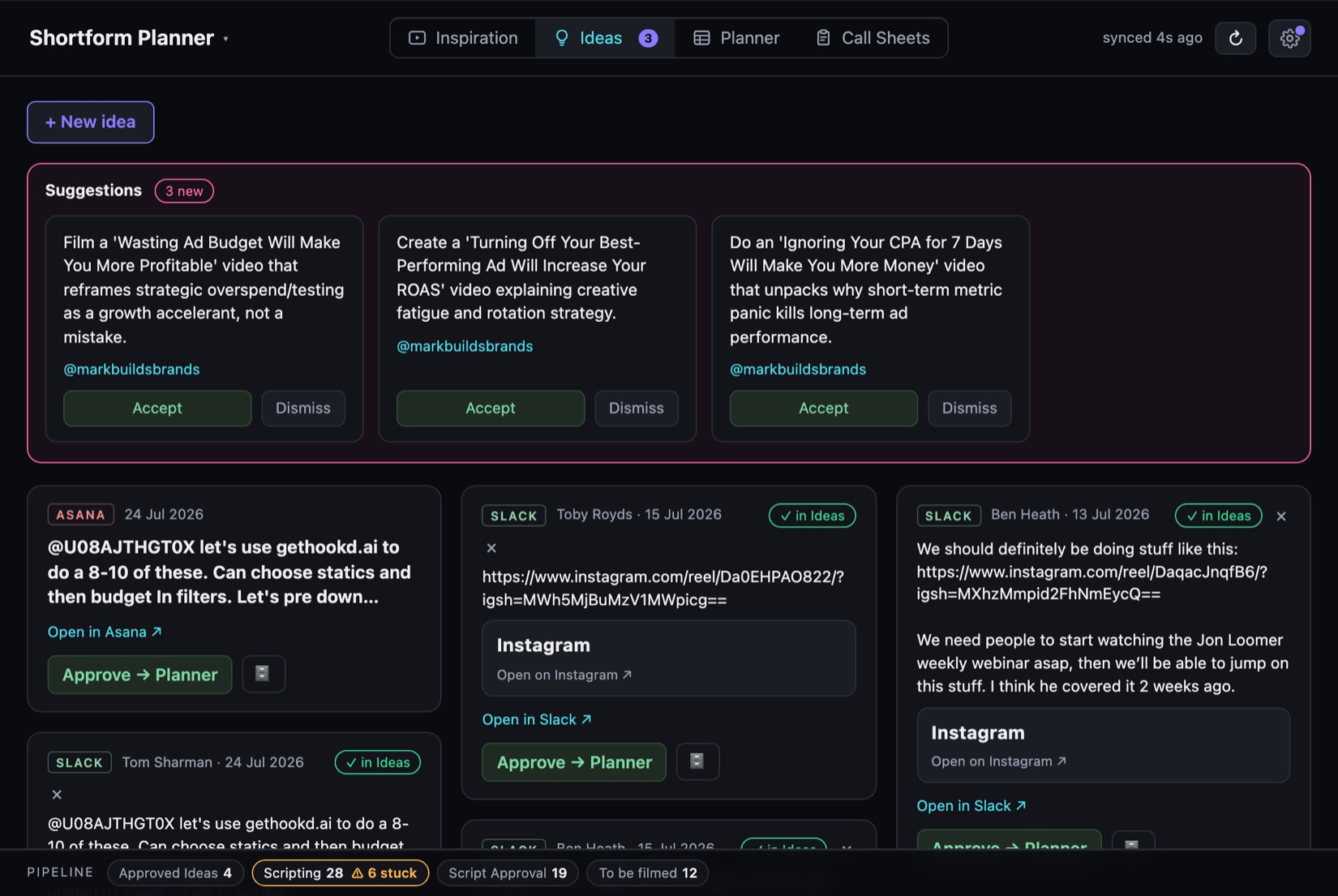 The Ideas inbox — AI suggestions on top, then cards auto-collected from Slack, Asana, X, Instagram and Threads.