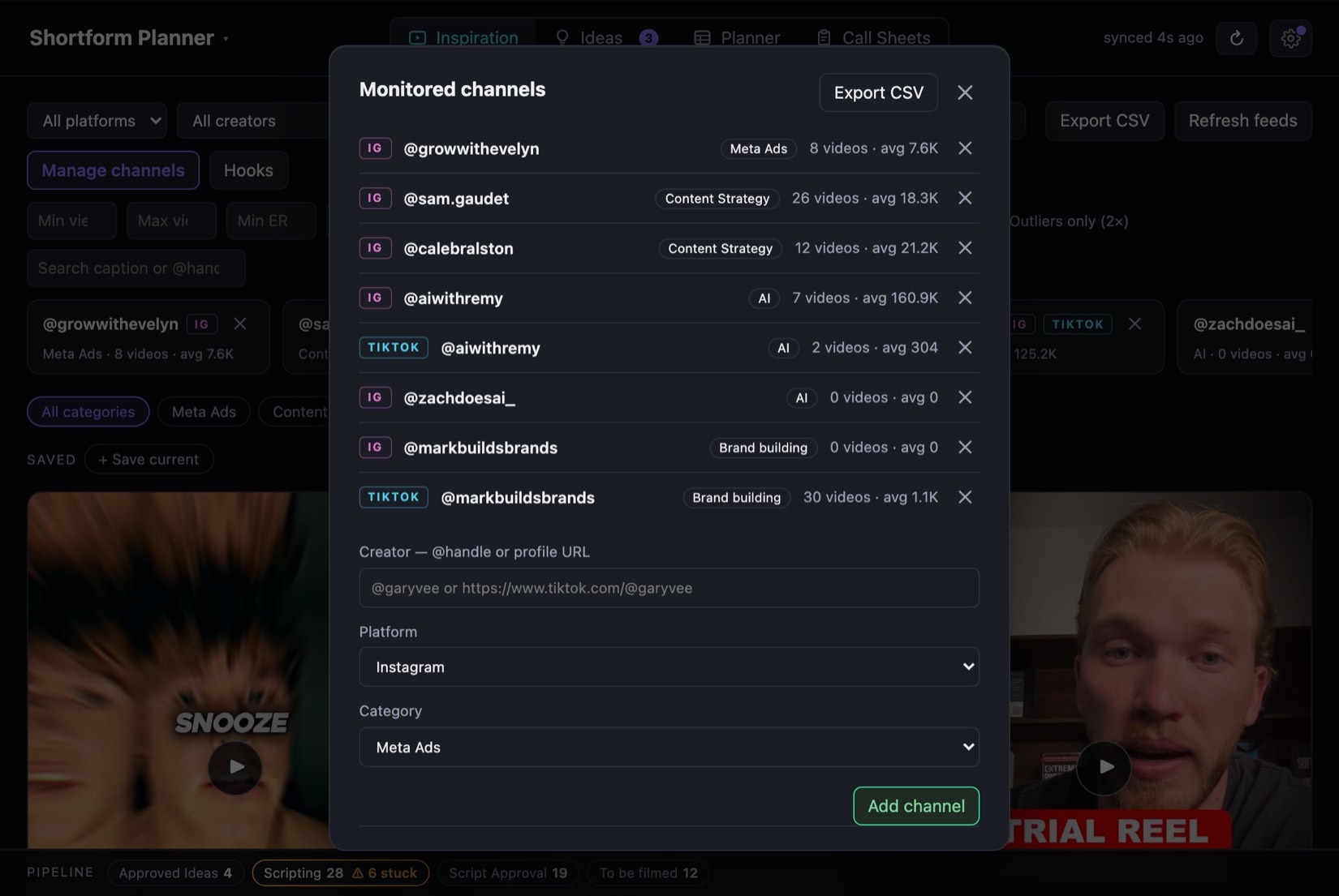 Manage channels — monitored list, add-a-channel form, and AI discovery.