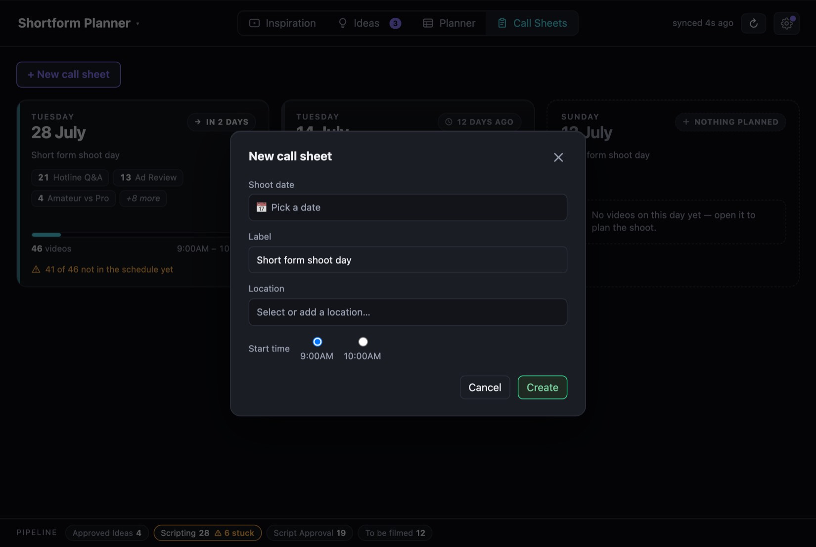 Creating a call sheet — date, label, location and start time.
