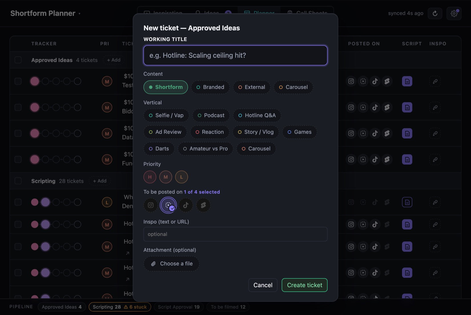 The New ticket form — working title, content and vertical pills, priority, platforms, inspo and attachment.