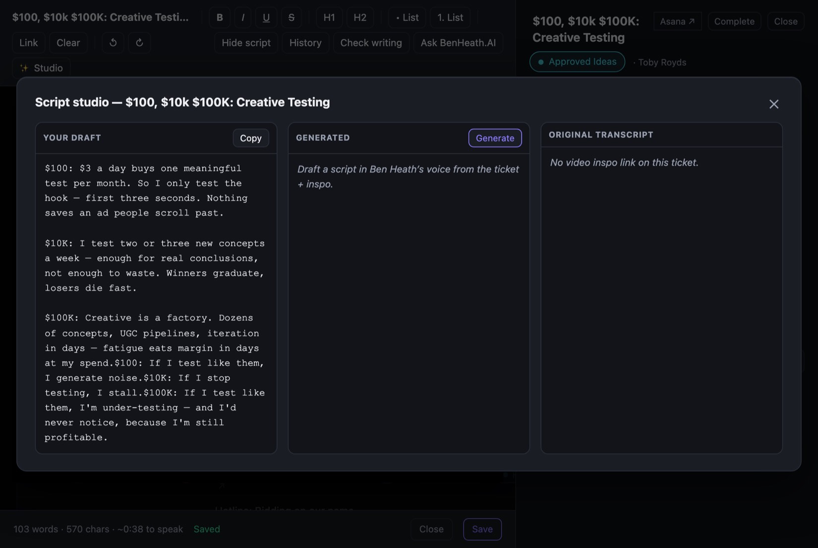 Script Studio — your draft, the generated script and the source transcript, side by side.