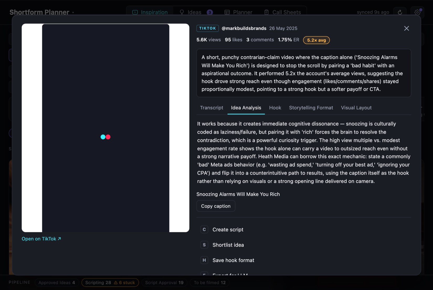 The video workspace with the AI breakdown run — summary, five analysis lenses, and the action shortcuts.